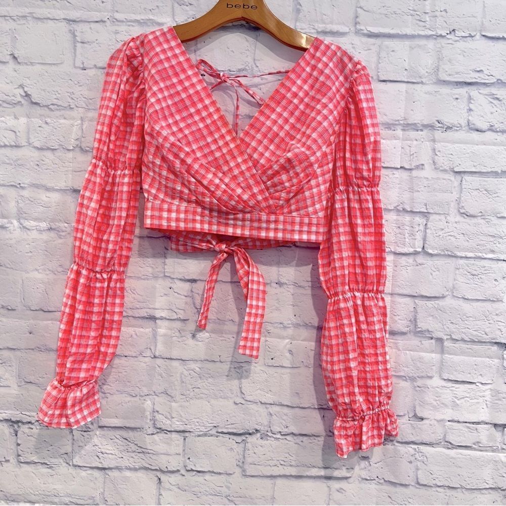 Topshop Pink & White Gingham Long Sleeve Crop‎ Top - Picture 2 of 8